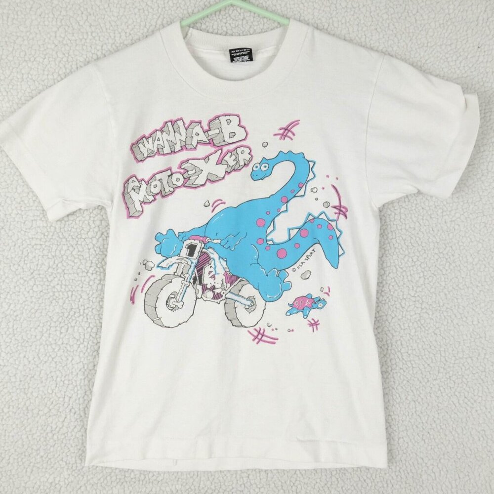 Vintage T Shirt Youths 14 16 White Blue Dinosaur Motocross Screen Stars 90S